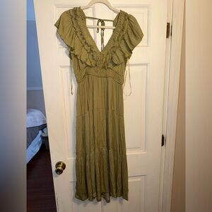 TAHARI olive green ruffle dress